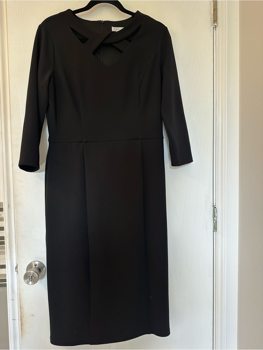 London Times Black Midi Sheath Dress with Twist Neckline
